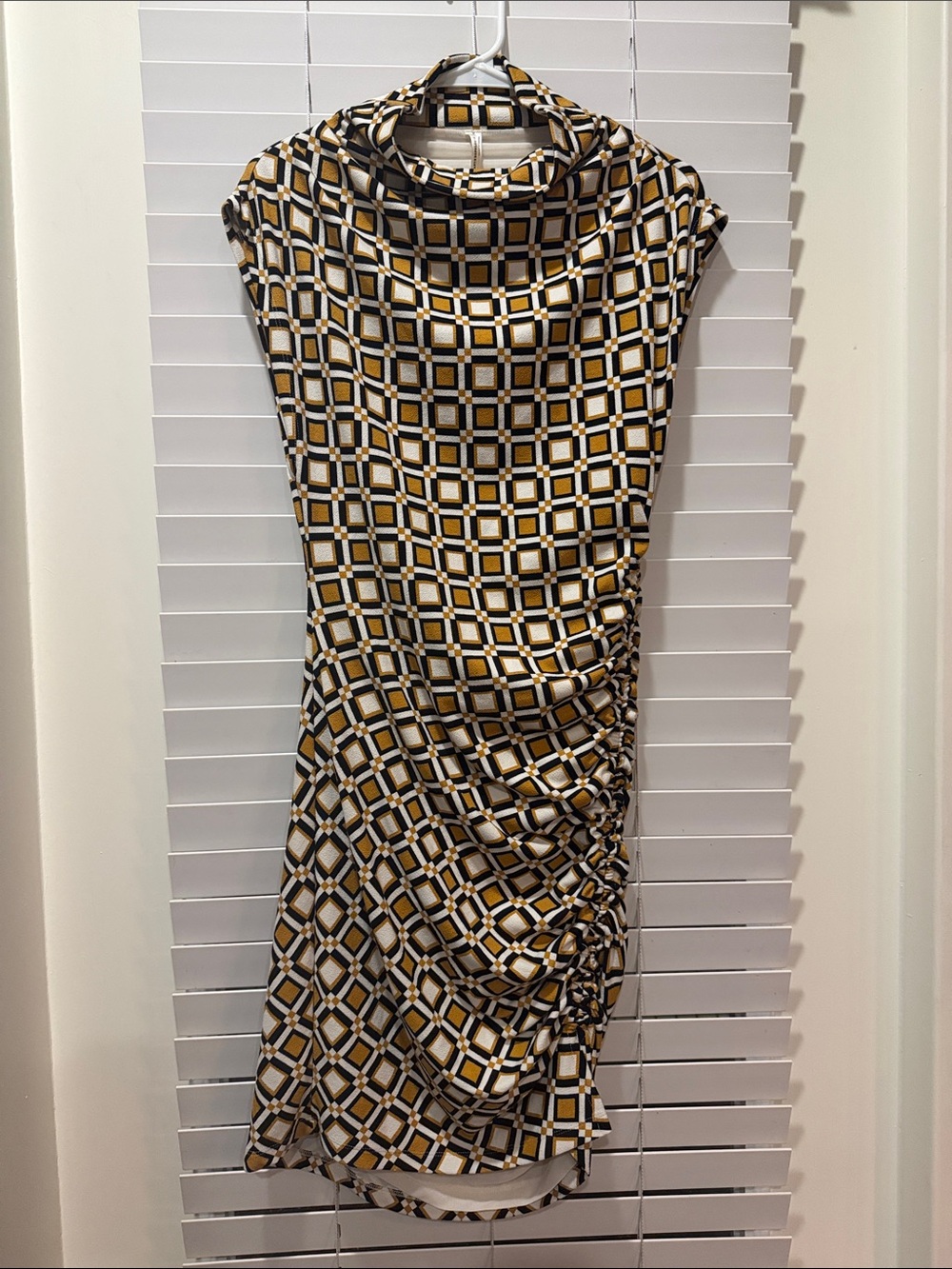 NWT - Maya Ruched Cowl-Neck Midi Dress - Size M - Black/Gold/White